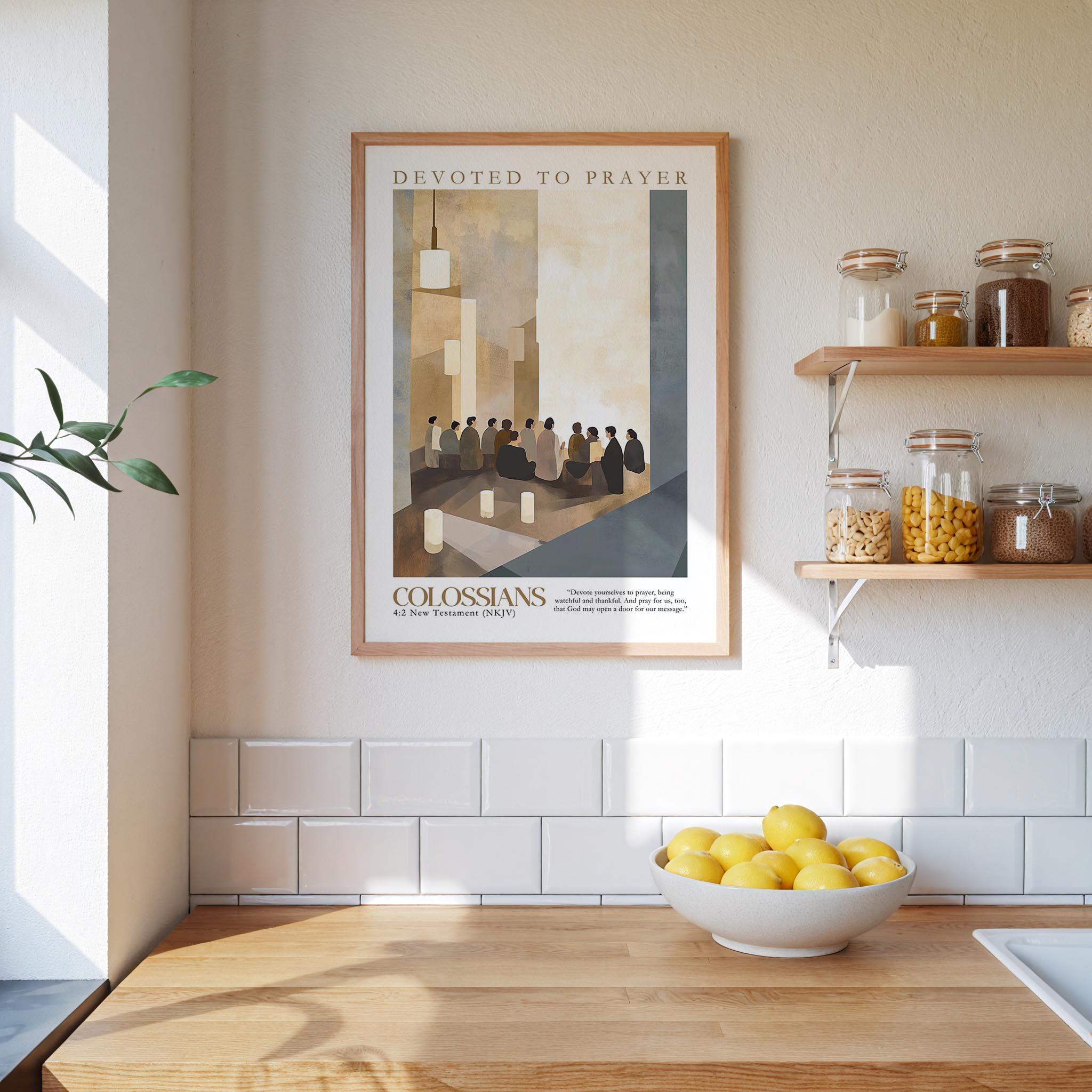 a kitchen scene with a framed poster of a group of people in a church, a bowl of lemons, and shelves with various jars and containers.