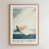 The image is a framed poster with a religious message and a Bible verse from Romans 8:39.