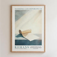 The image is a framed poster with a religious message and a Bible verse from Romans 8:39.