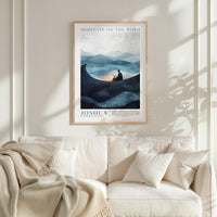 a framed poster of a person meditating on a mountain landscape, with the text "MEDitate on the word" and "JOSUA" below the image.