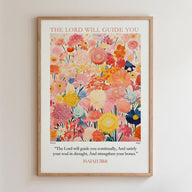 The image is a framed poster with a vibrant floral design and a Bible verse from Isaiah 55:8-11.