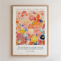 The image is a framed poster with a vibrant floral design and a Bible verse from Isaiah 55:8-11.