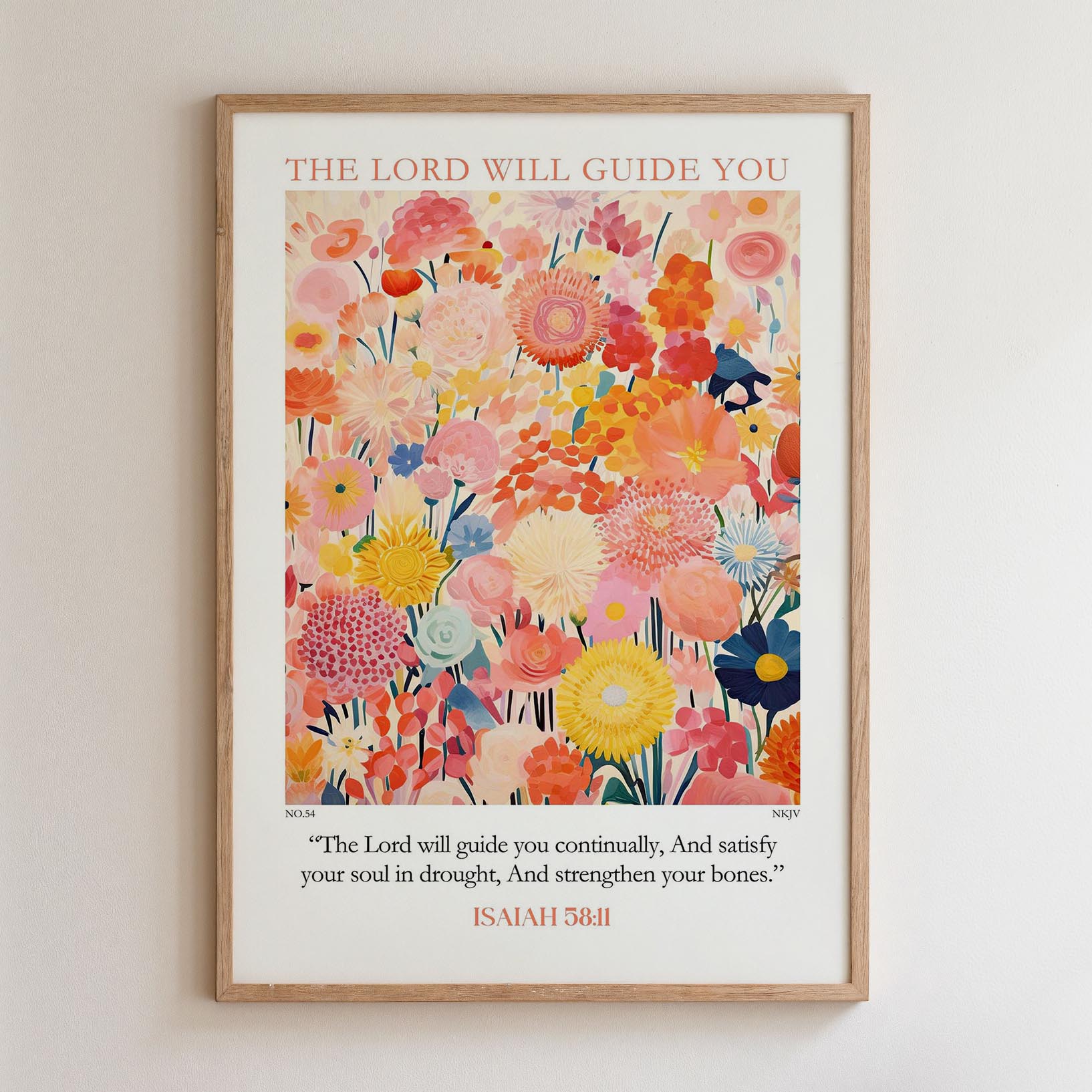 The image is a framed poster with a vibrant floral design and a Bible verse from Isaiah 55:8-11.