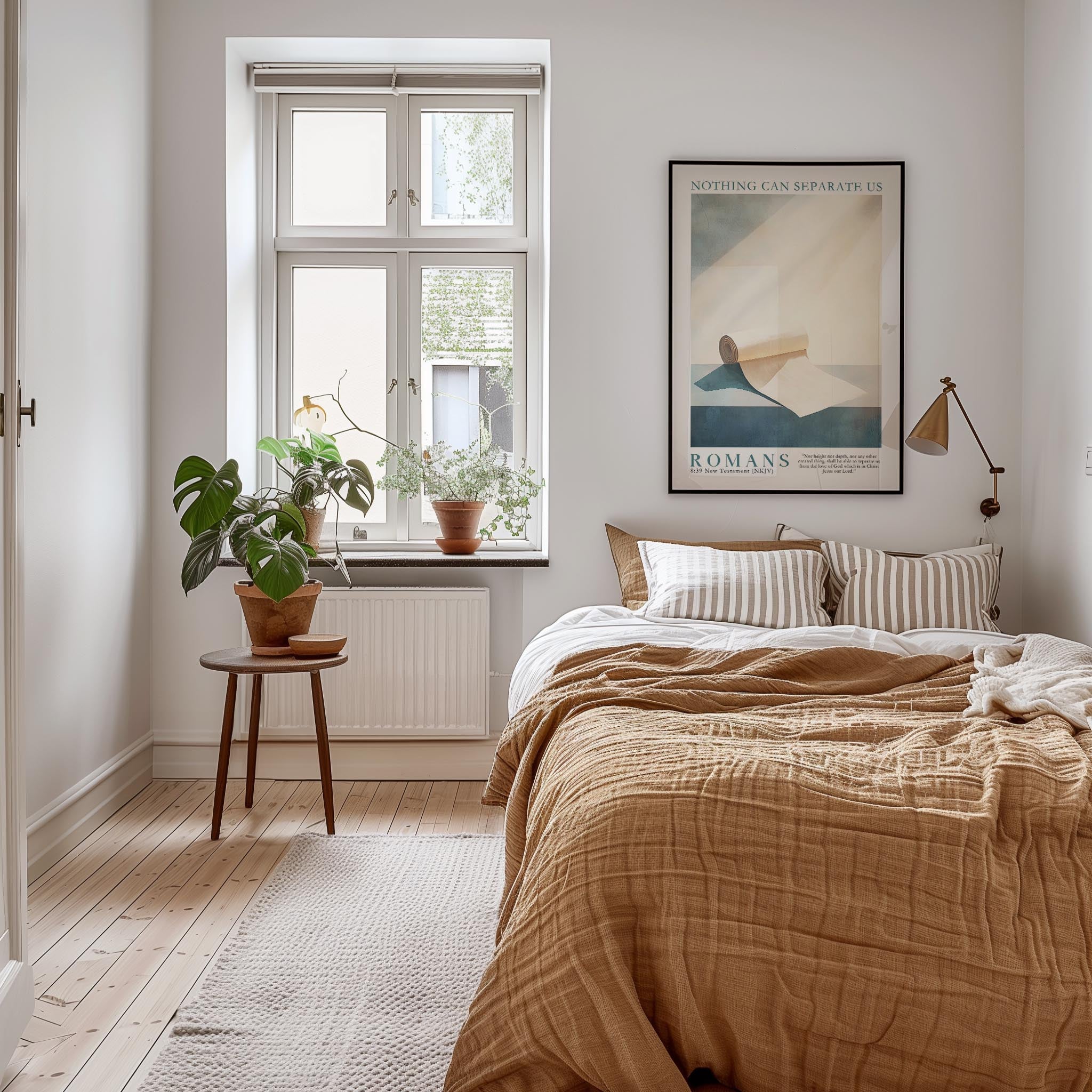 a cozy bedroom with a large bed, a wooden nightstand, and a window with a plant on the sill. The room has a warm, inviting atmosphere with a neutral color palette and natural elements like the potted plant.