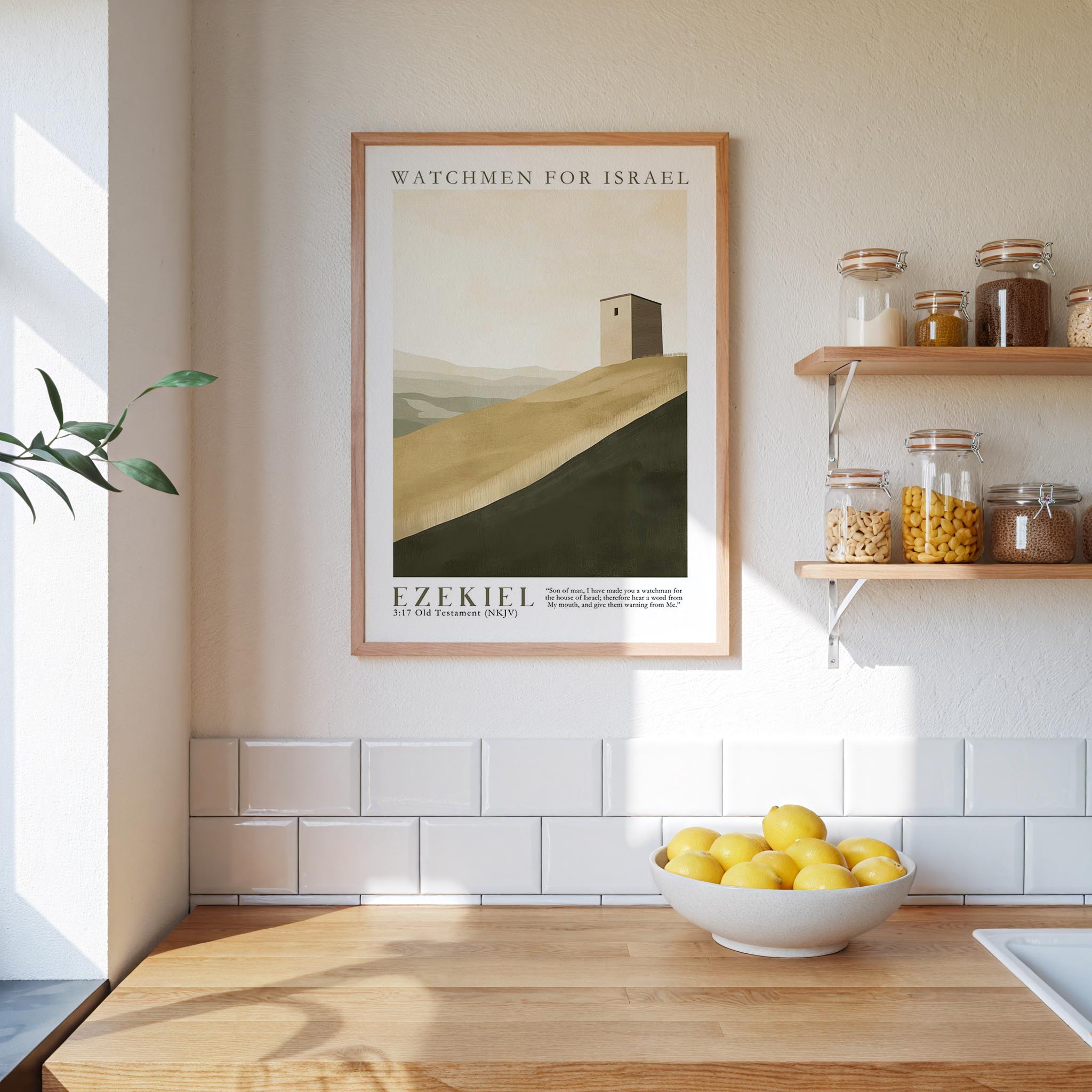 a kitchen scene with a framed poster of a desert landscape hanging on the wall, a wooden counter with a bowl of lemons, and shelves displaying various jars and containers.