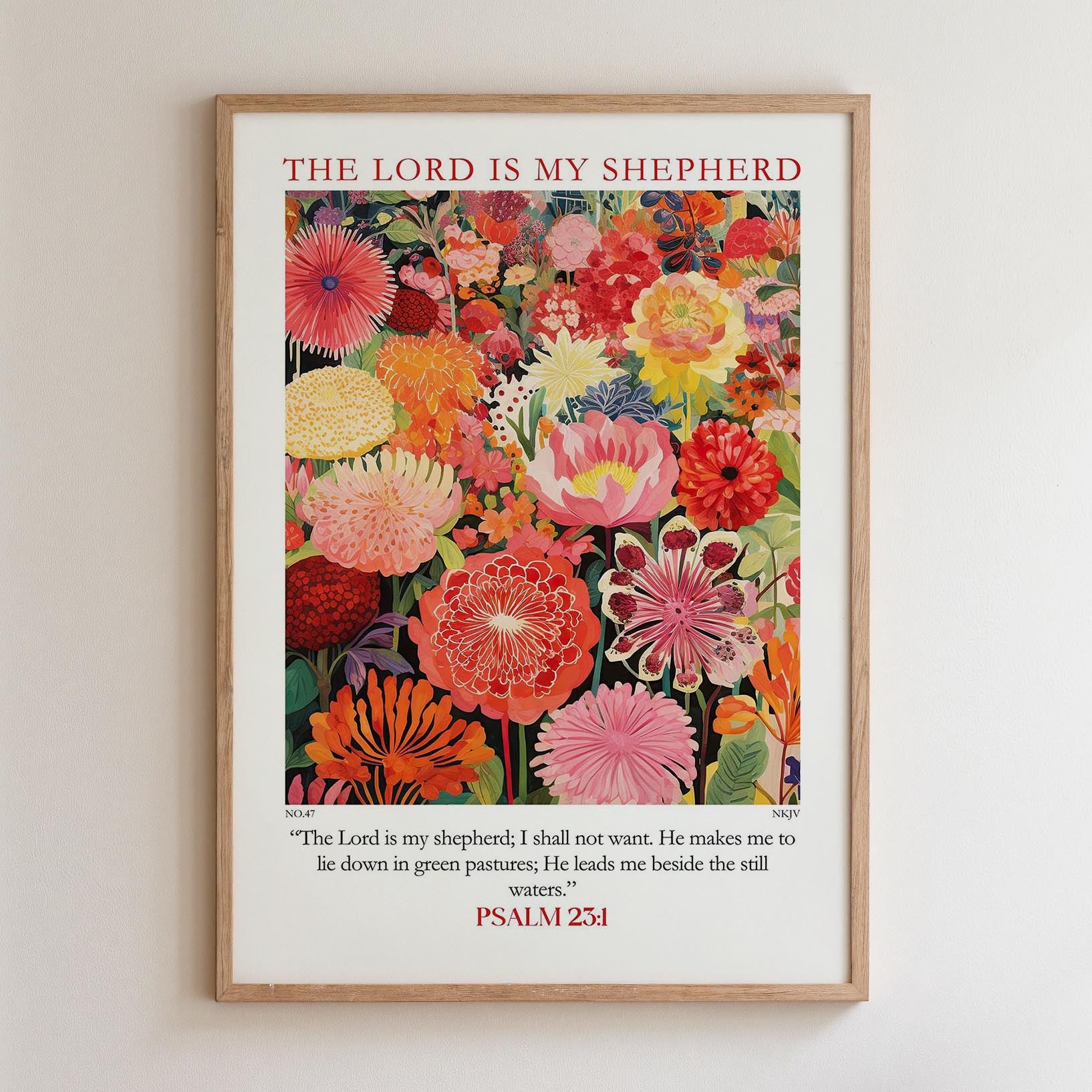 The image is a framed poster with a vibrant floral design and a Bible verse from Psalm 25:4.