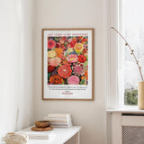 a framed poster of a vibrant floral arrangement hanging on a wall, with a quote from Psalm 23 visible below the artwork.
