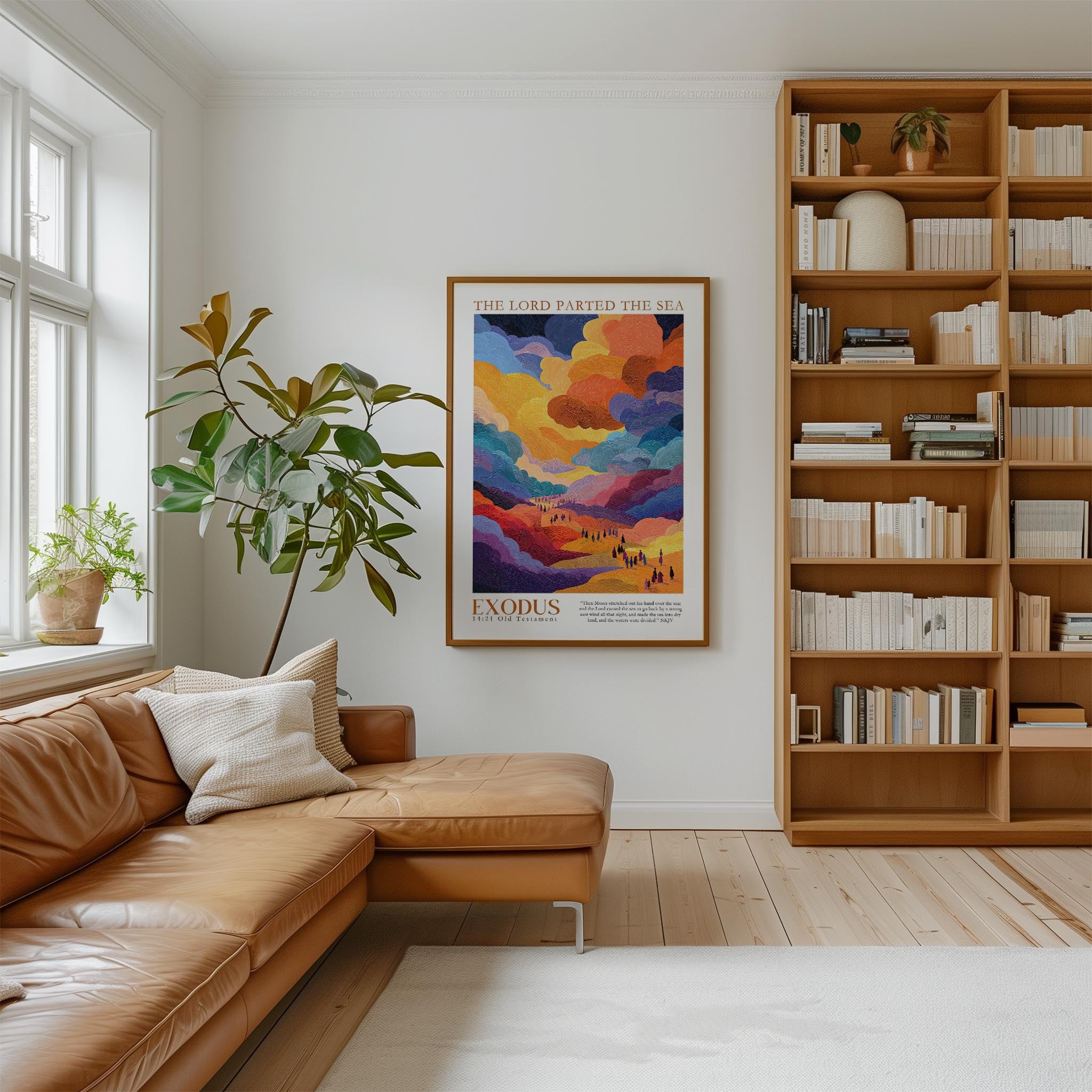 a cozy living room with a large bookshelf filled with books, a comfortable leather couch, and a vibrant poster of a landscape hanging on the wall.