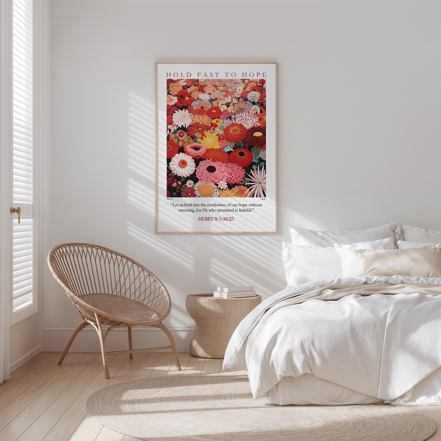 a serene bedroom scene with a bed, a woven chair, and a framed poster of a colorful floral arrangement on the wall.