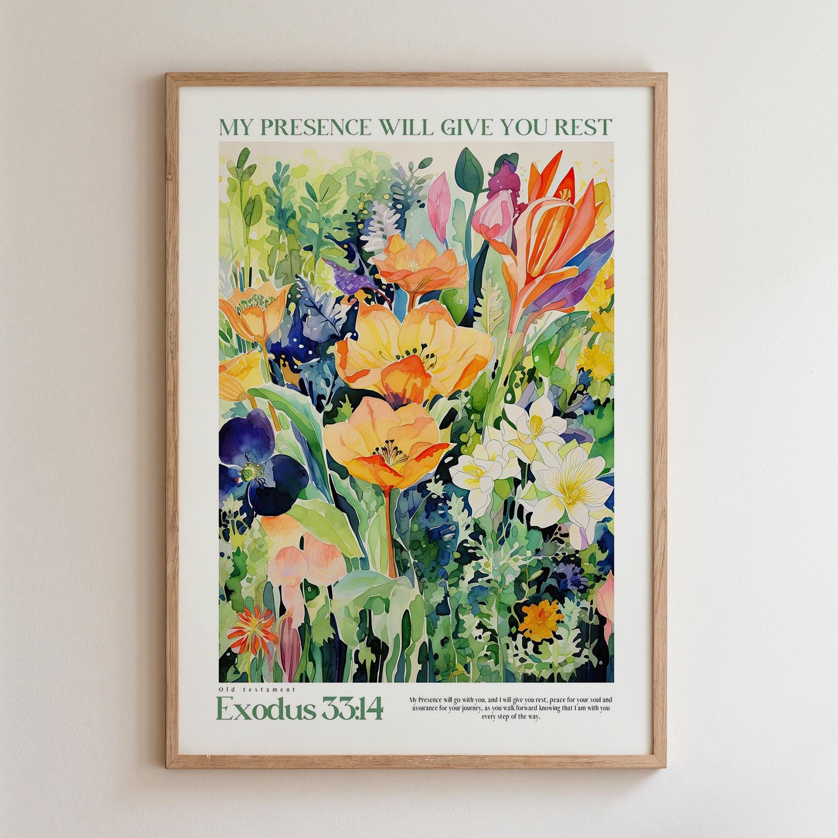 The image is a framed poster featuring a vibrant and colorful painting of various flowers and plants.