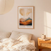 a bedroom setting with a framed poster of a landscape hanging on the wall above a bed with striped bedding.