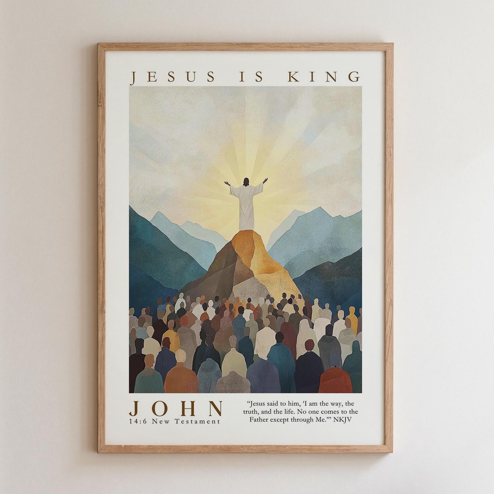 The image is a framed poster depicting a religious scene with a figure of Jesus Christ standing on a mountain, surrounded by a crowd of people.