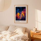 a poster of a colorful illustration of a woman and a child, with the text "God is with you in the fire" above the image. The poster is hanging on a wall above a bed with striped pillows.