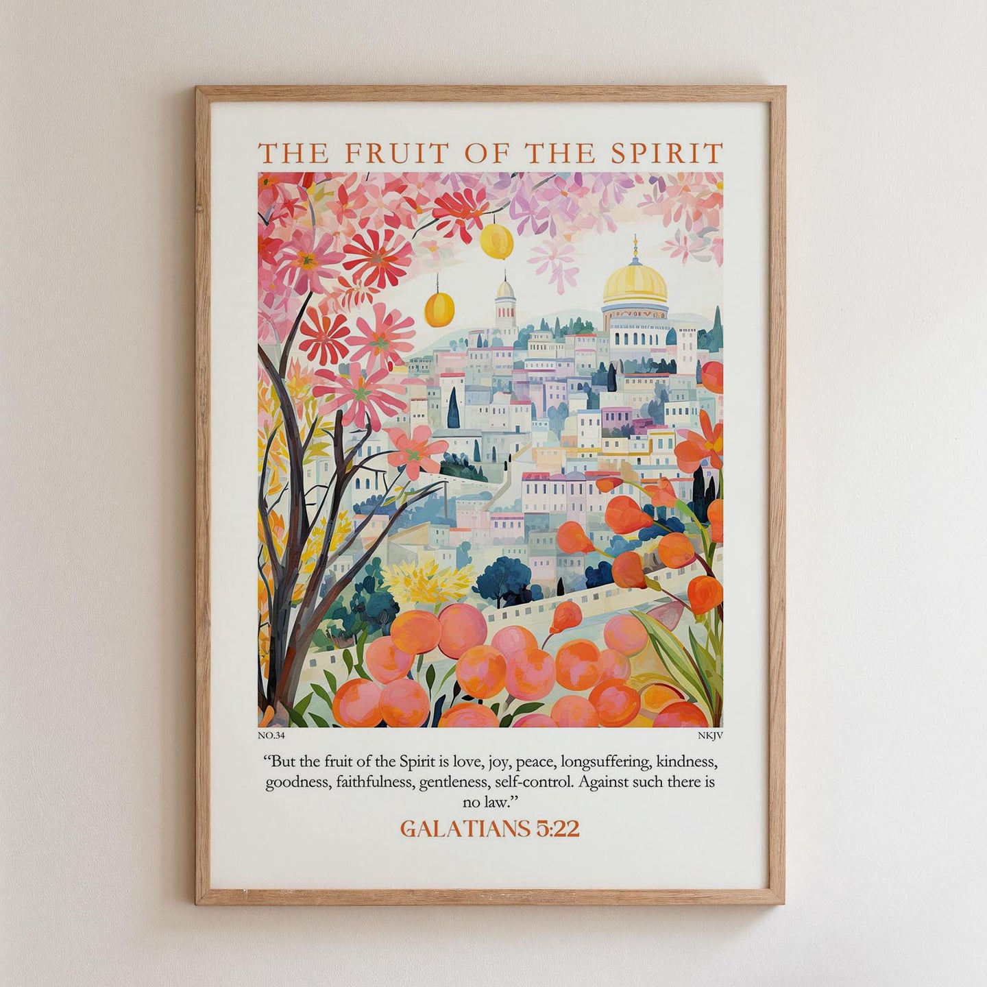 The image is a framed poster depicting a colorful illustration of a cityscape with a fruit tree in the foreground.