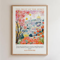 The image is a framed poster depicting a colorful illustration of a cityscape with a fruit tree in the foreground.
