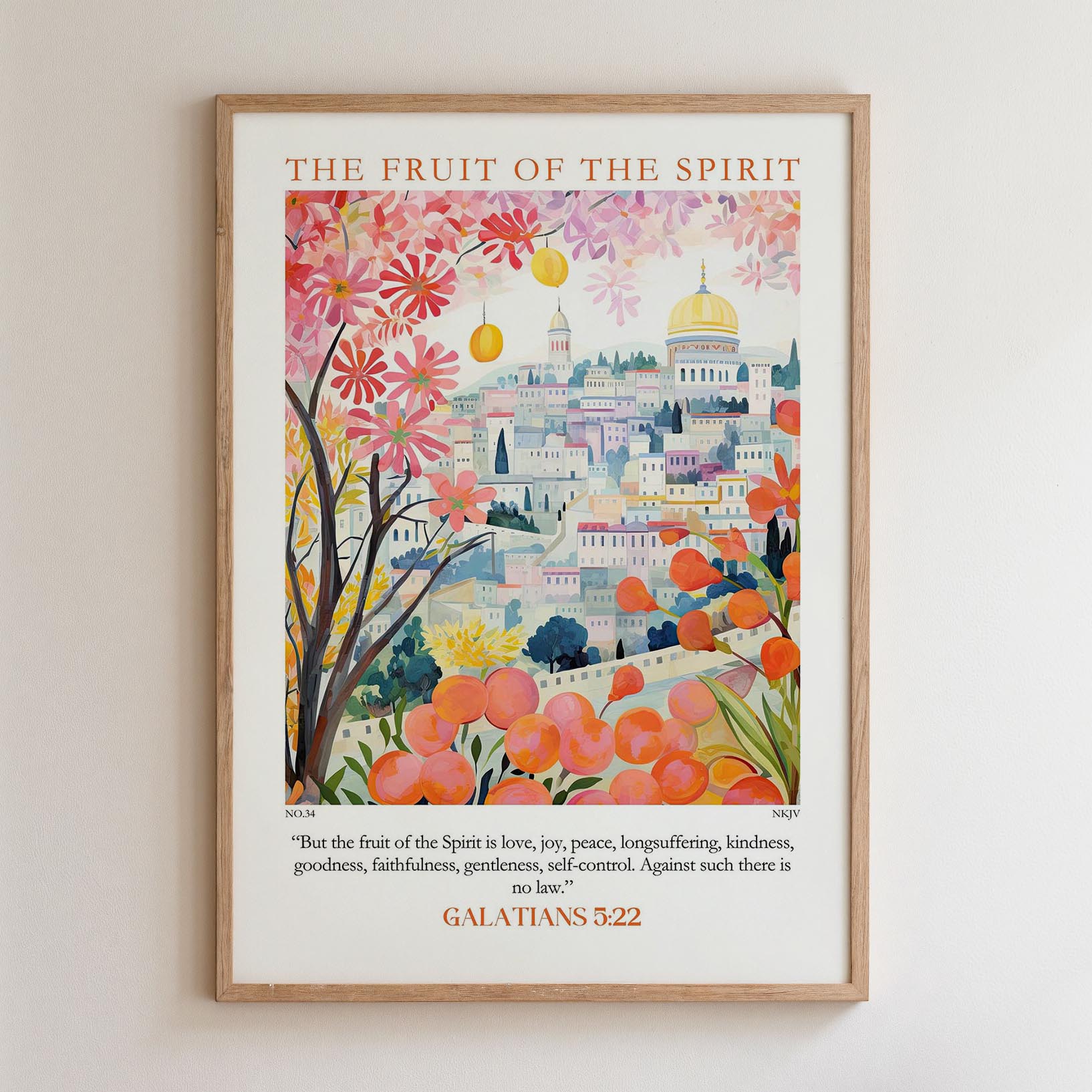 The image is a framed poster depicting a colorful illustration of a cityscape with a fruit tree in the foreground.