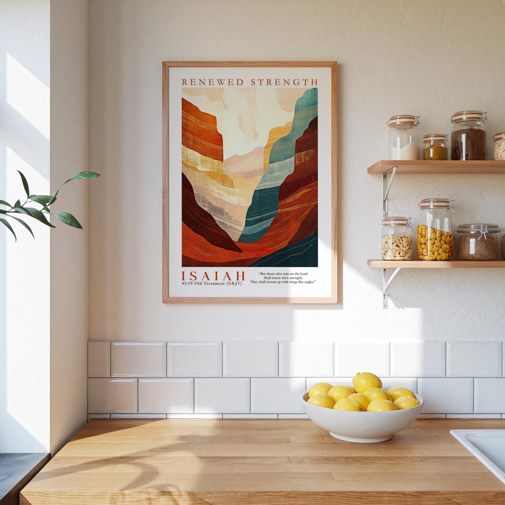 a kitchen counter with a bowl of lemons, a framed poster of a mountain landscape, and a shelf with jars and other kitchen items.