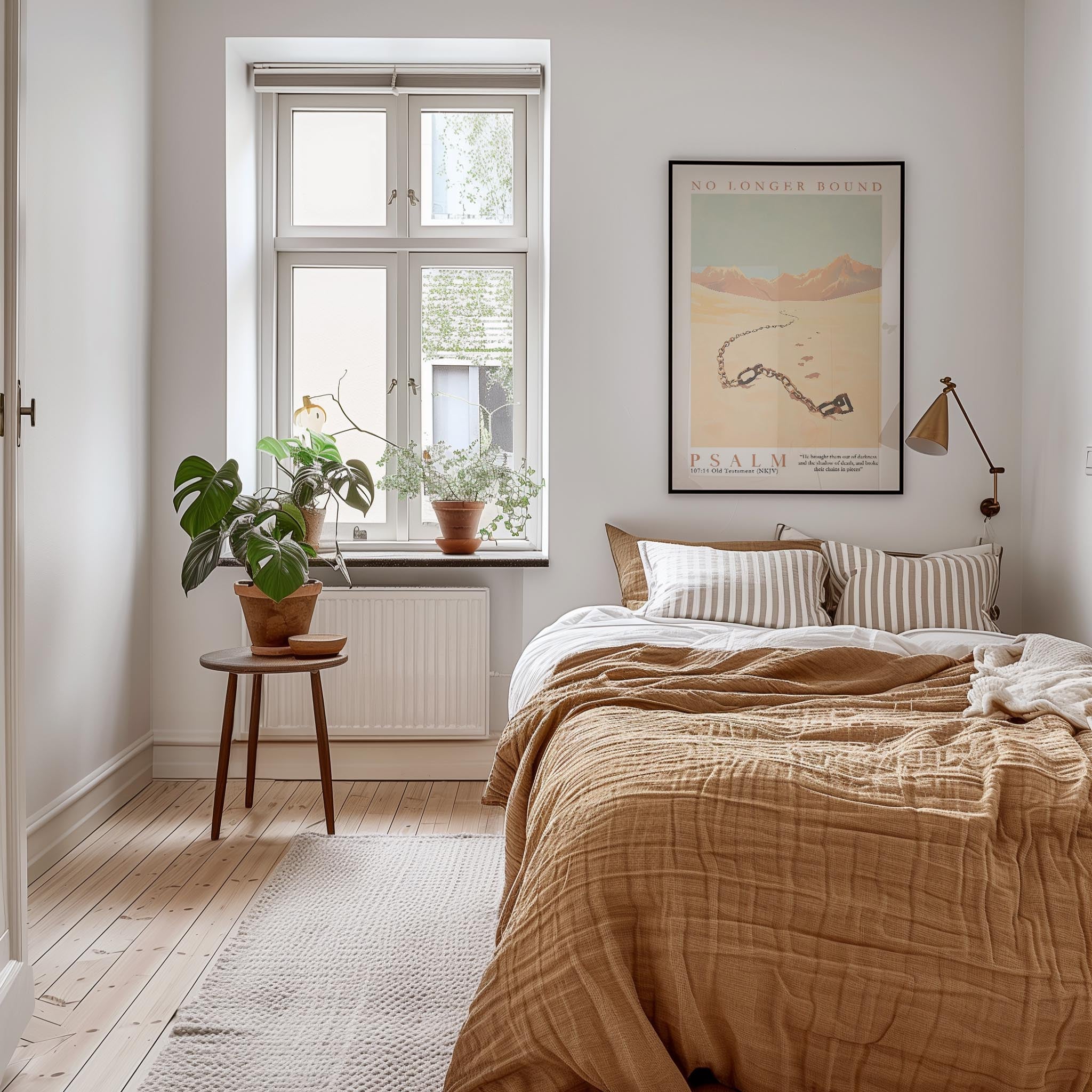 A cozy bedroom with a large bed, a nightstand, and a framed poster on the wall. The room has a warm, inviting atmosphere with natural light coming through a window.