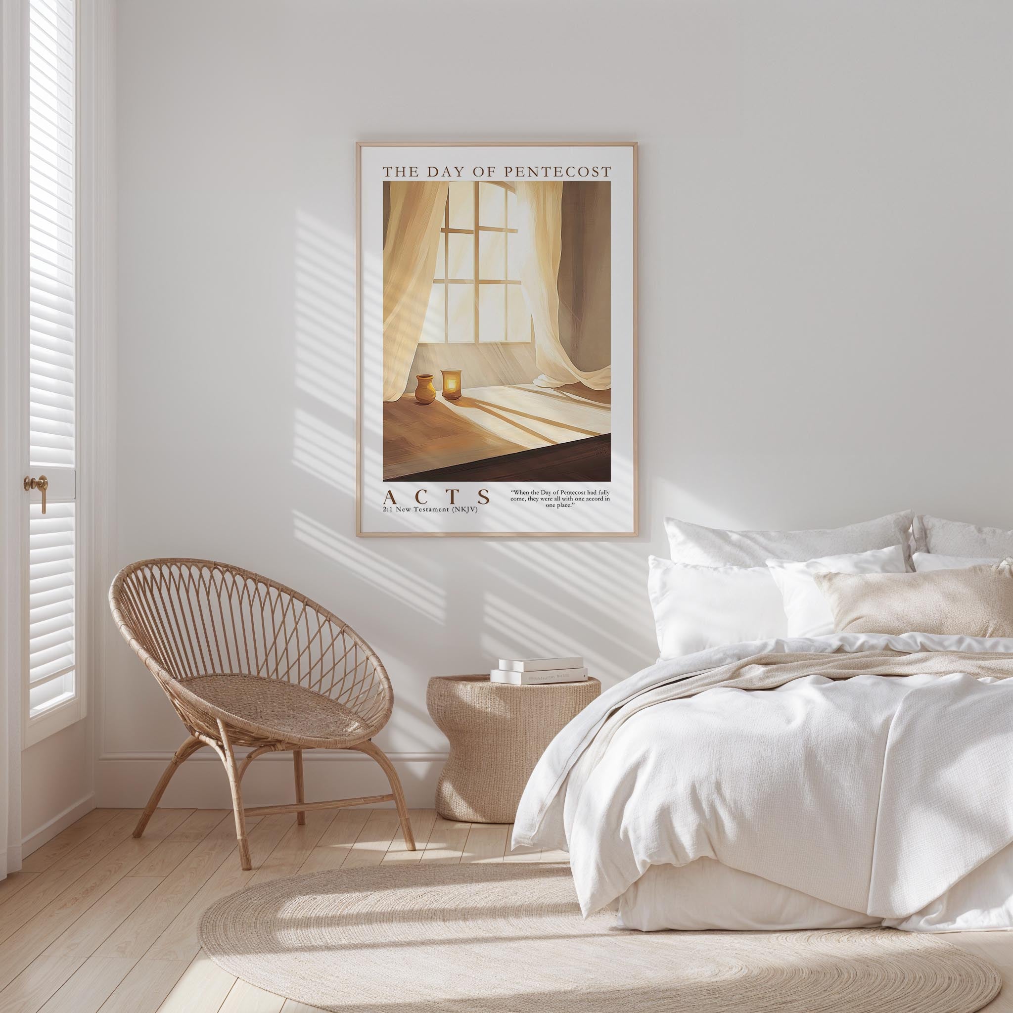a serene bedroom scene with a bed, a woven chair, and a framed poster on the wall.