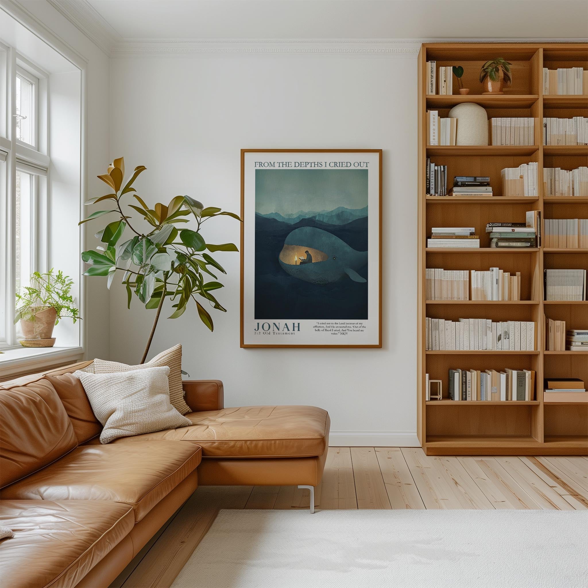 a cozy living room with a large bookshelf filled with books, a comfortable leather couch, and a framed poster of a whale on the wall.