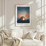 a framed poster of a sunset over a desert landscape, with the text "DEATH COULD NOT HOLD HIM" and "MATTHEW" below the image.
