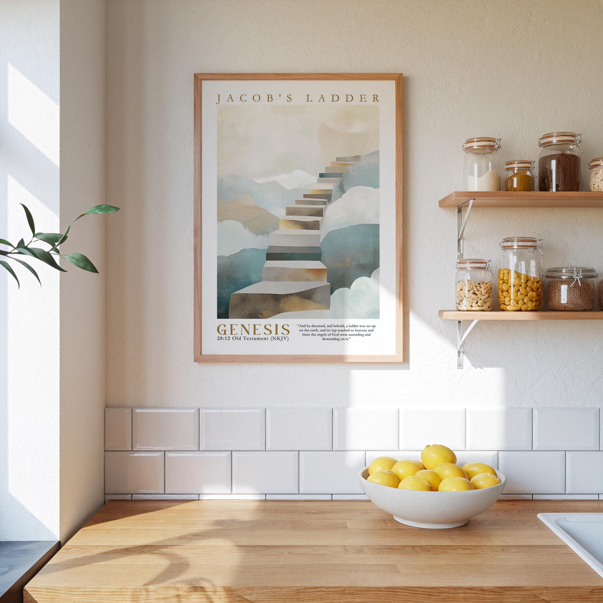 A framed poster of a staircase leading to a mountain is displayed on a wall above a wooden countertop with a bowl of lemons.
