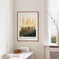 a framed poster of a group of people standing on a hill, with flames in the background, hanging on a wall in a room.