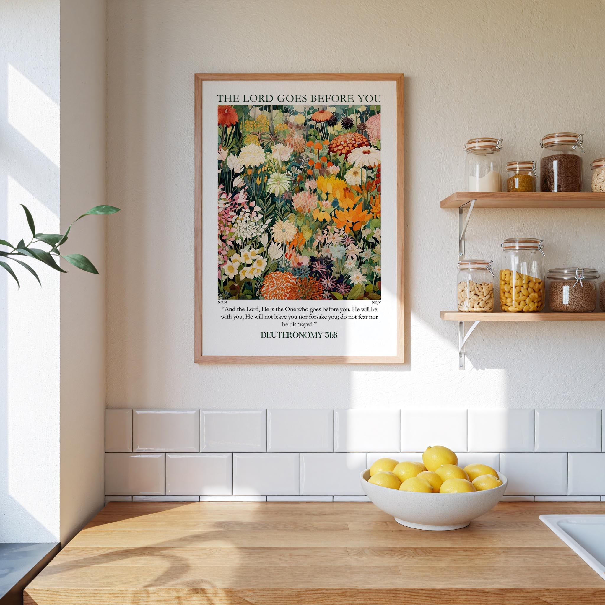 A framed poster of a vibrant floral painting hangs on a wall above a wooden countertop with a bowl of lemons.
