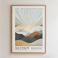The image is a framed poster depicting a landscape with mountains, clouds, and a sun. The poster has a minimalist design with a focus on the natural elements.