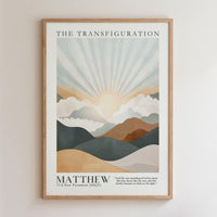 The image is a framed poster depicting a landscape with mountains, clouds, and a sun. The poster has a minimalist design with a focus on the natural elements.
