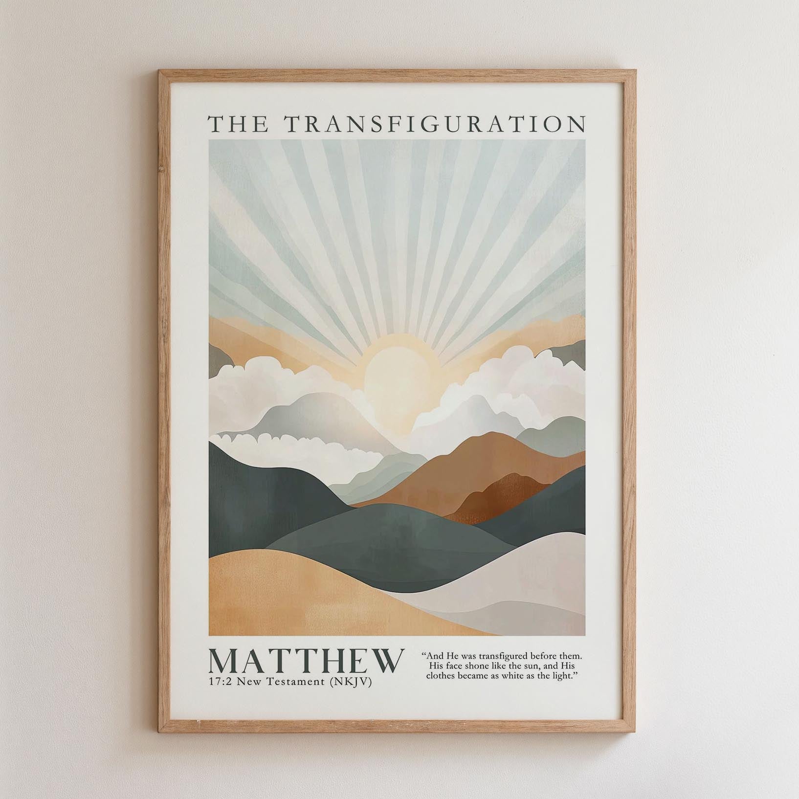 The image is a framed poster depicting a landscape with mountains, clouds, and a sun. The poster has a minimalist design with a focus on the natural elements.