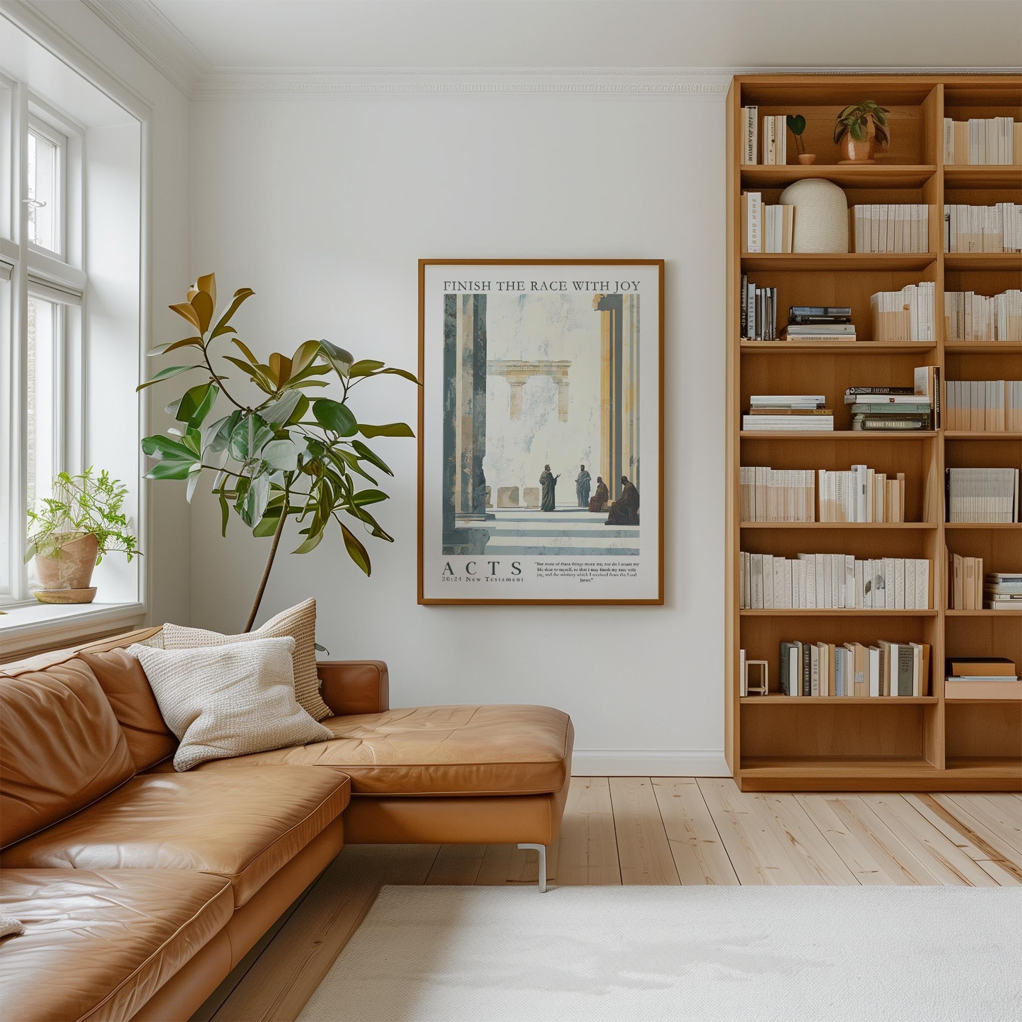 a cozy living room with a large bookshelf filled with books, a comfortable leather sofa, and a framed poster on the wall.