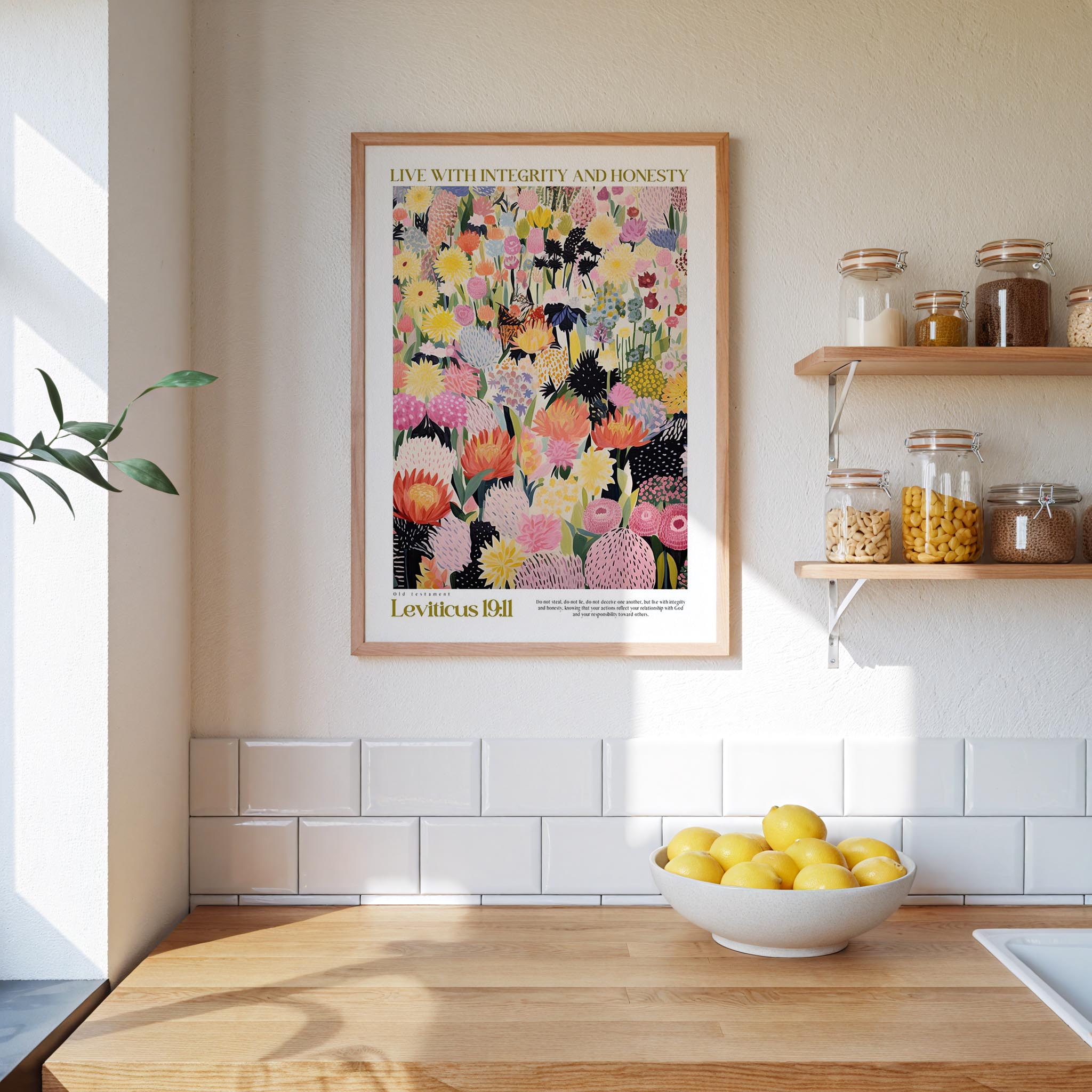 a kitchen scene with a framed poster of a colorful floral design hanging on the wall above a wooden countertop. On the countertop, there is a bowl of lemons and a plant.
