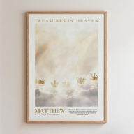 The image is a framed poster with a white background and a central image of clouds with golden crowns. The poster has the title "Treasures in Heaven" and the text "MATTHEW 6:17 New Testament" below the central image.