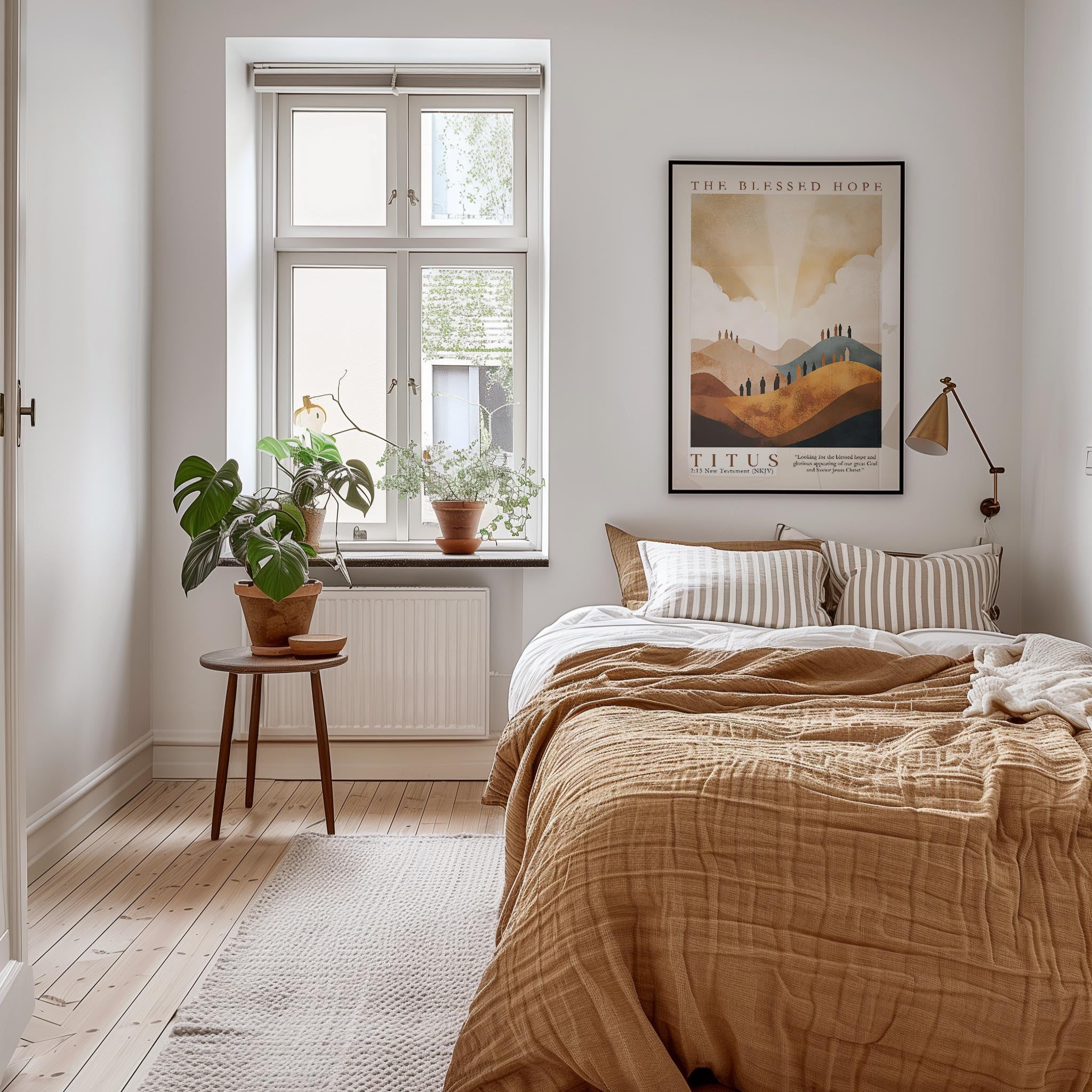 a cozy bedroom with a large bed, a nightstand, and a window with a plant on the sill. The room has a warm, inviting atmosphere with a neutral color palette and natural elements like the potted plant.