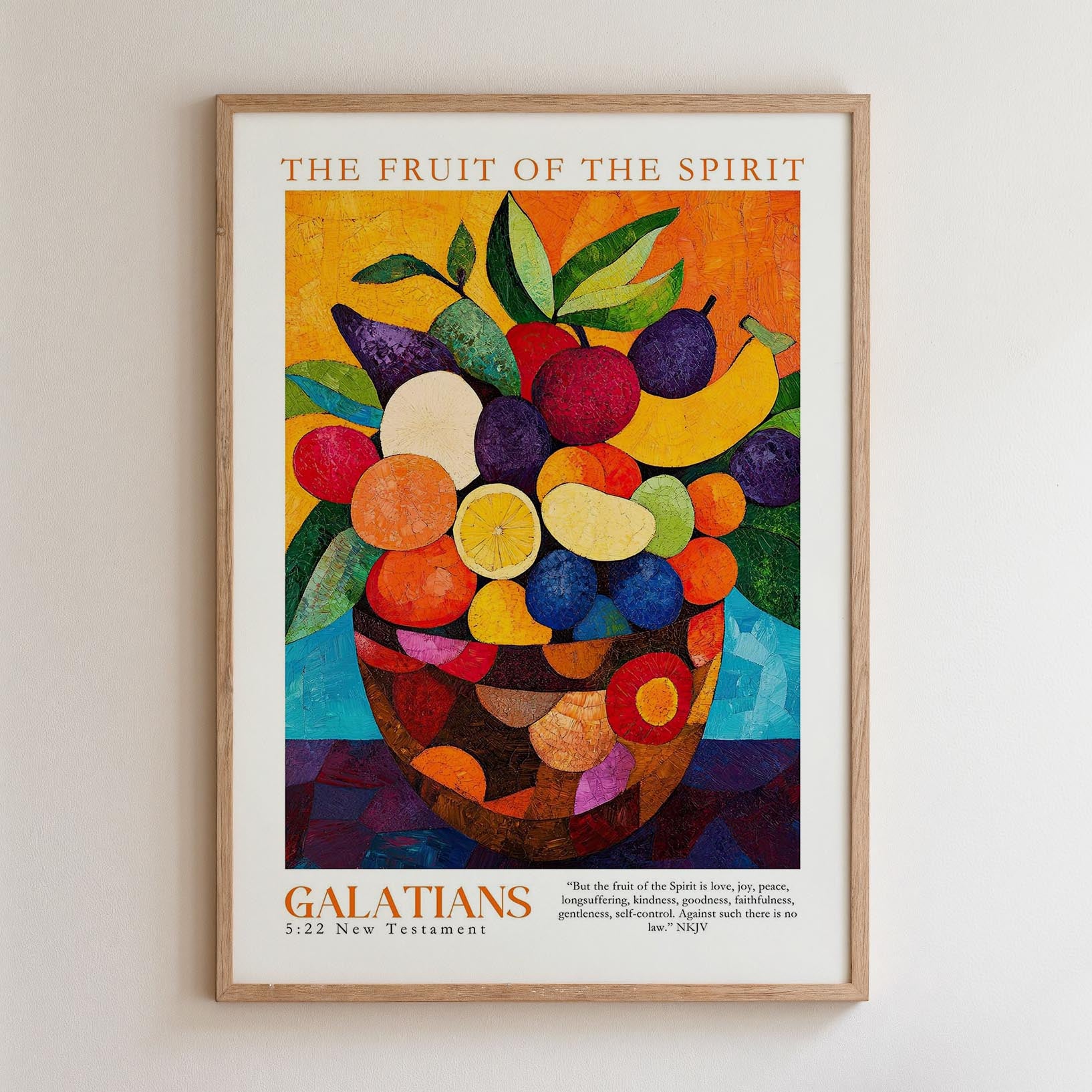 The image is a framed poster featuring a vibrant painting of a fruit bowl filled with various fruits, including apples, oranges, and bananas.