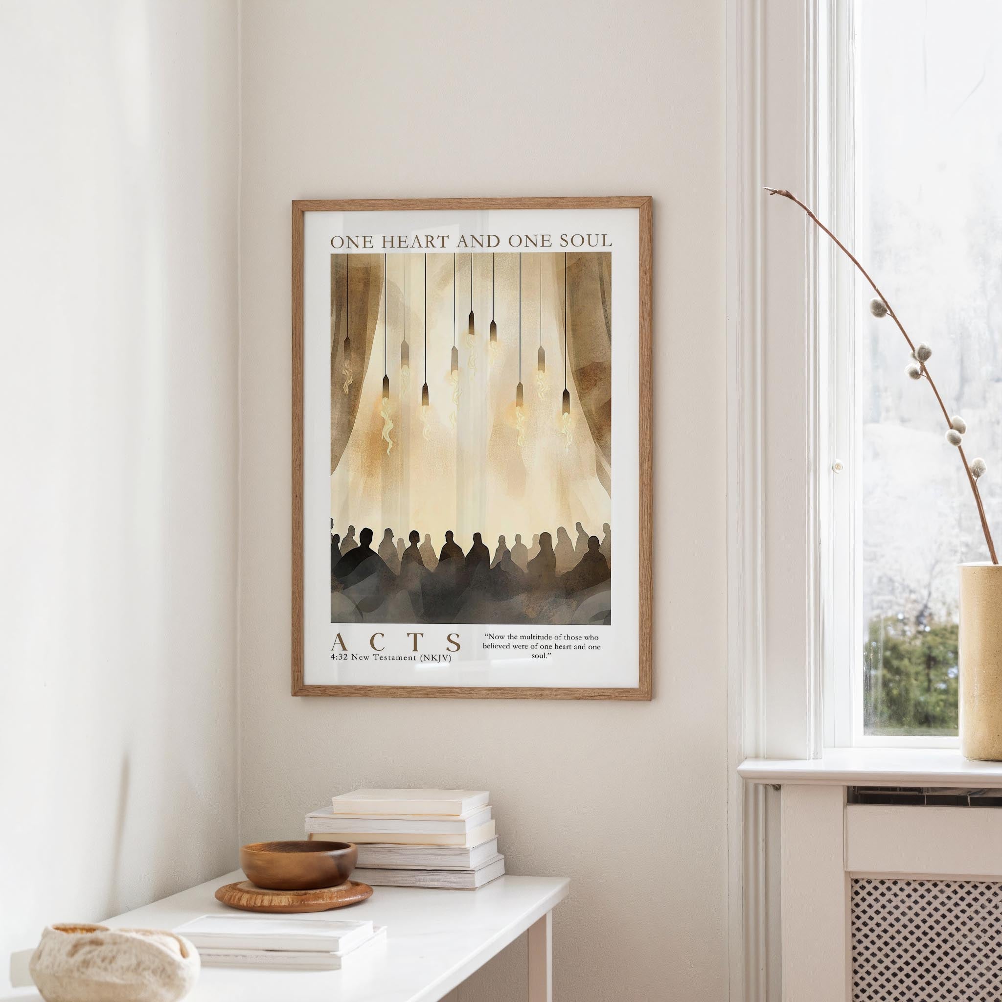 a framed poster of a group of people in a room with a window and a white radiator.