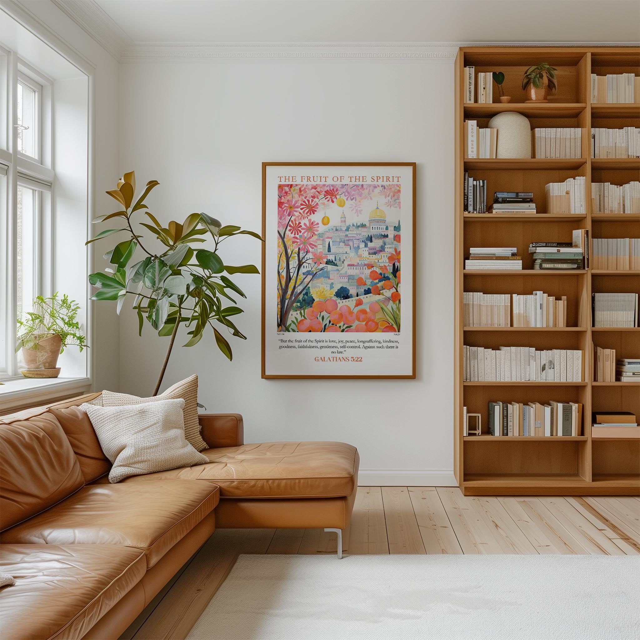 a cozy living room with a large bookshelf filled with books, a comfortable leather couch, and a large window with a plant. The room has a warm and inviting atmosphere, with a colorful poster hanging on the wall and a potted plant adding a touch of greenery.