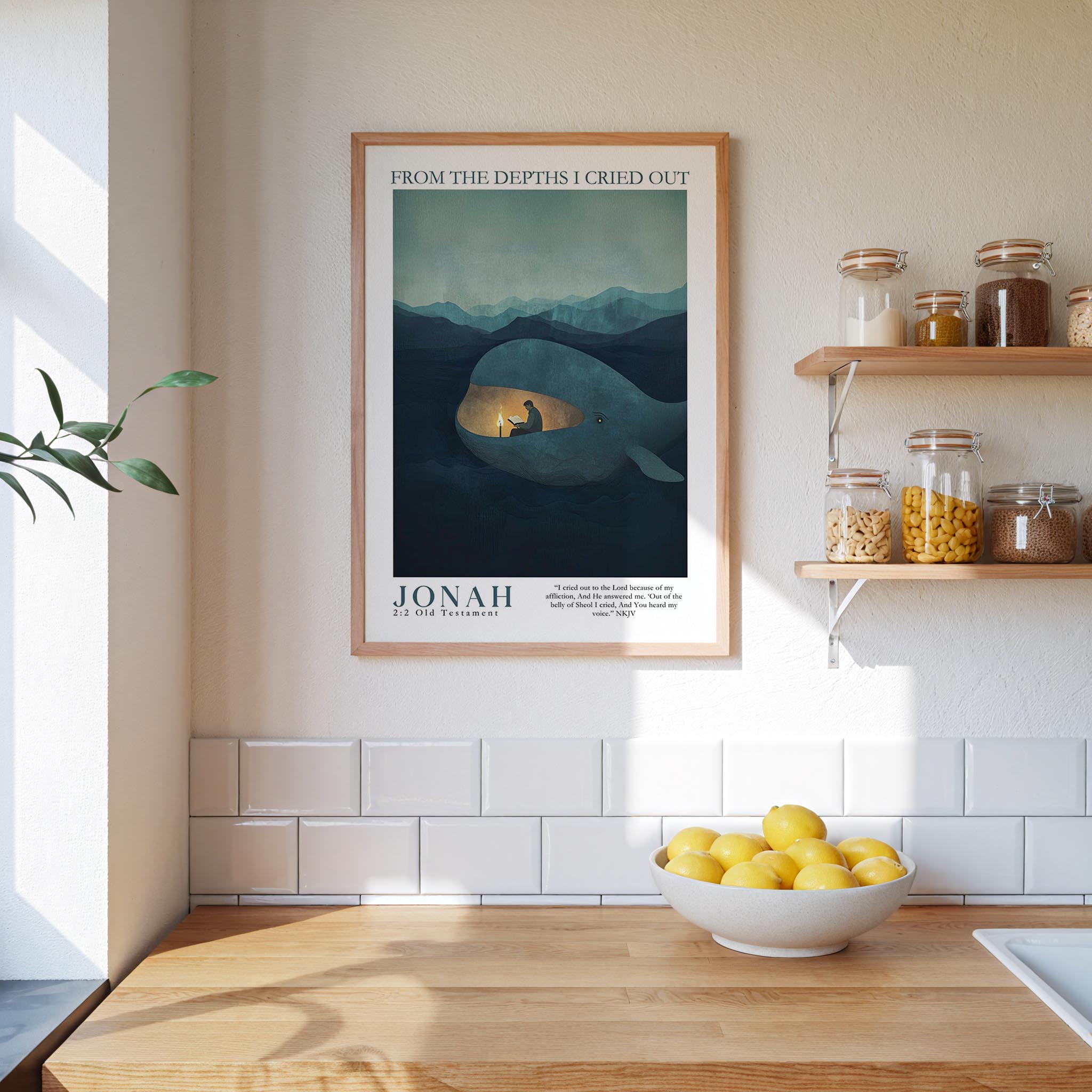 a framed poster of a whale with a person inside, hanging on a wall above a wooden counter with a bowl of lemons.