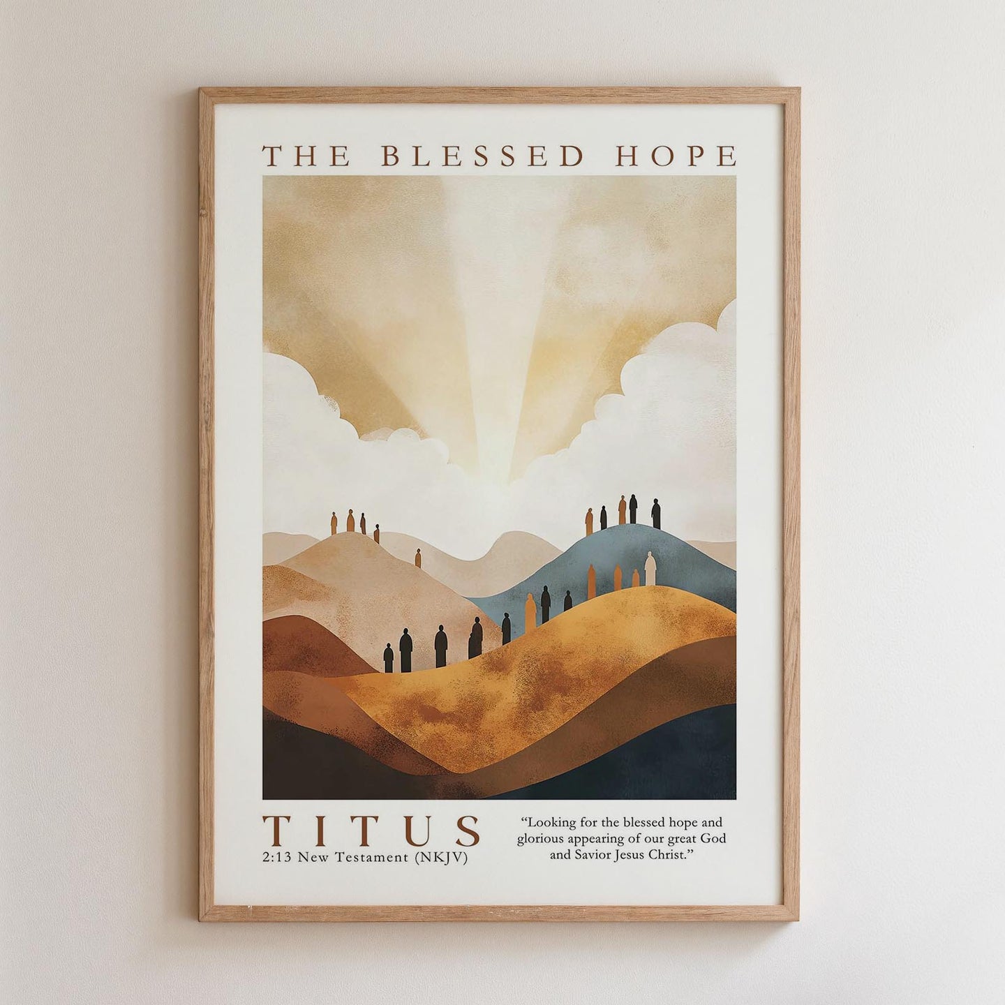 The image is a framed poster with a landscape scene depicting a group of people on a hill, with mountains in the background and a bright sun shining through the clouds.