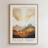 The image is a framed poster with a landscape scene depicting a group of people on a hill, with mountains in the background and a bright sun shining through the clouds.