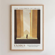 The image is a framed poster depicting a person standing in front of a temple with columns, with a pyramid in the background. The poster is titled "THE CHILDREN OF ISRAEL" and includes a quote from Exodus 10:10 Old Testament, which reads "Now, therefore, and I will send you to Prachless, and I will bring you to Egypt."