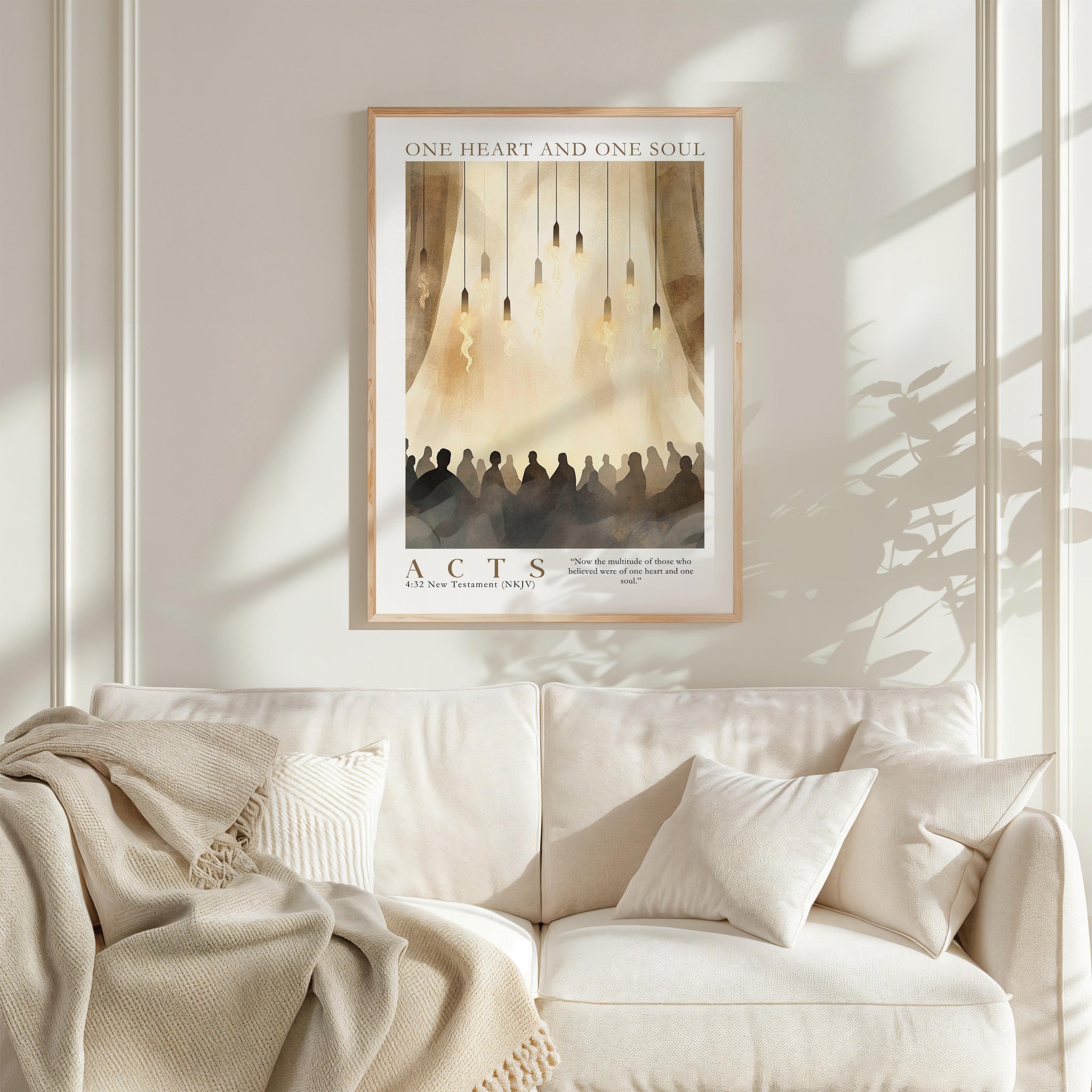 a framed poster of a group of people in a theater setting, with the text "ONE HEART AND ONE SOUL" and "ACTS" visible.