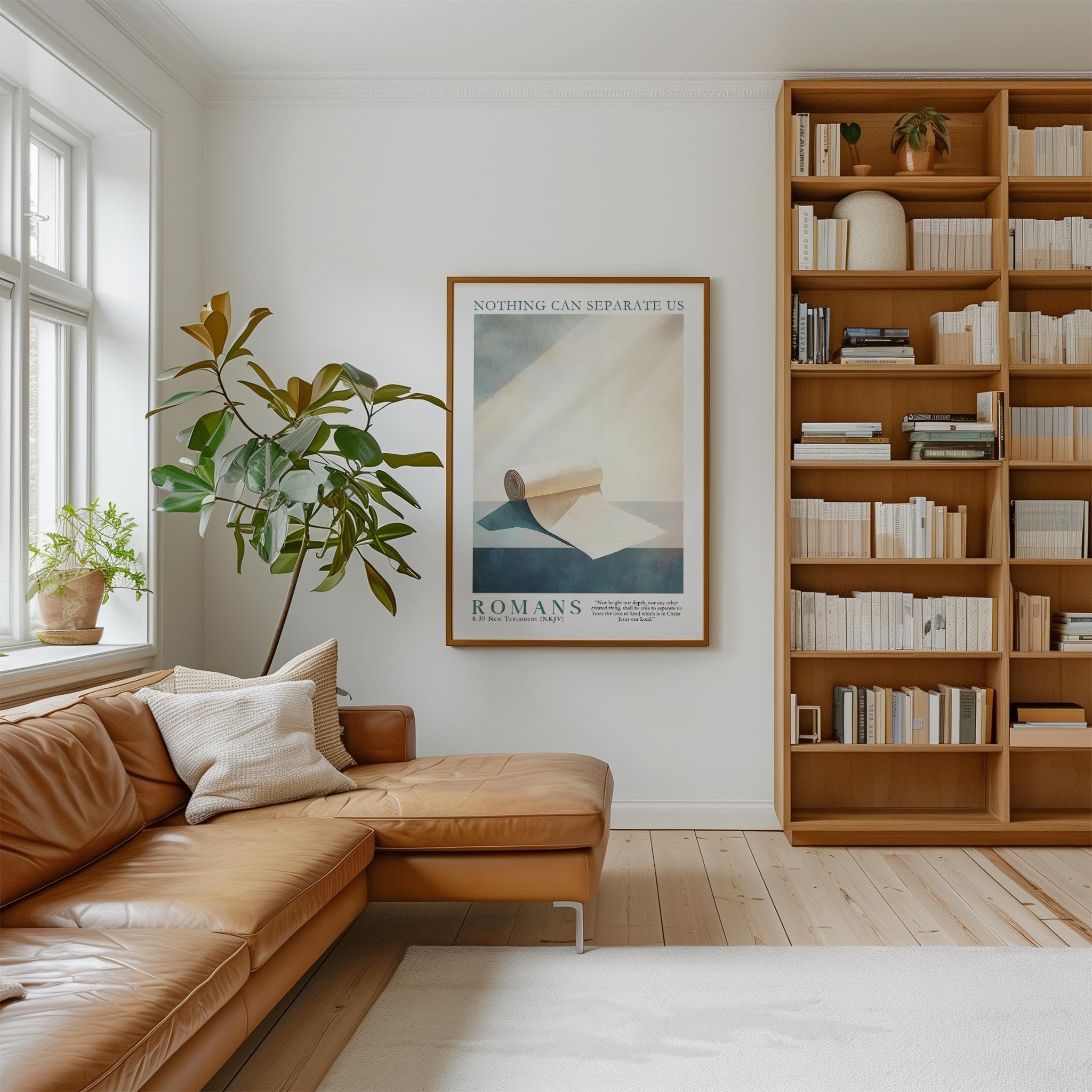 a cozy living room with a brown leather sofa, a large window, a wooden bookshelf filled with books, and a framed poster on the wall.
