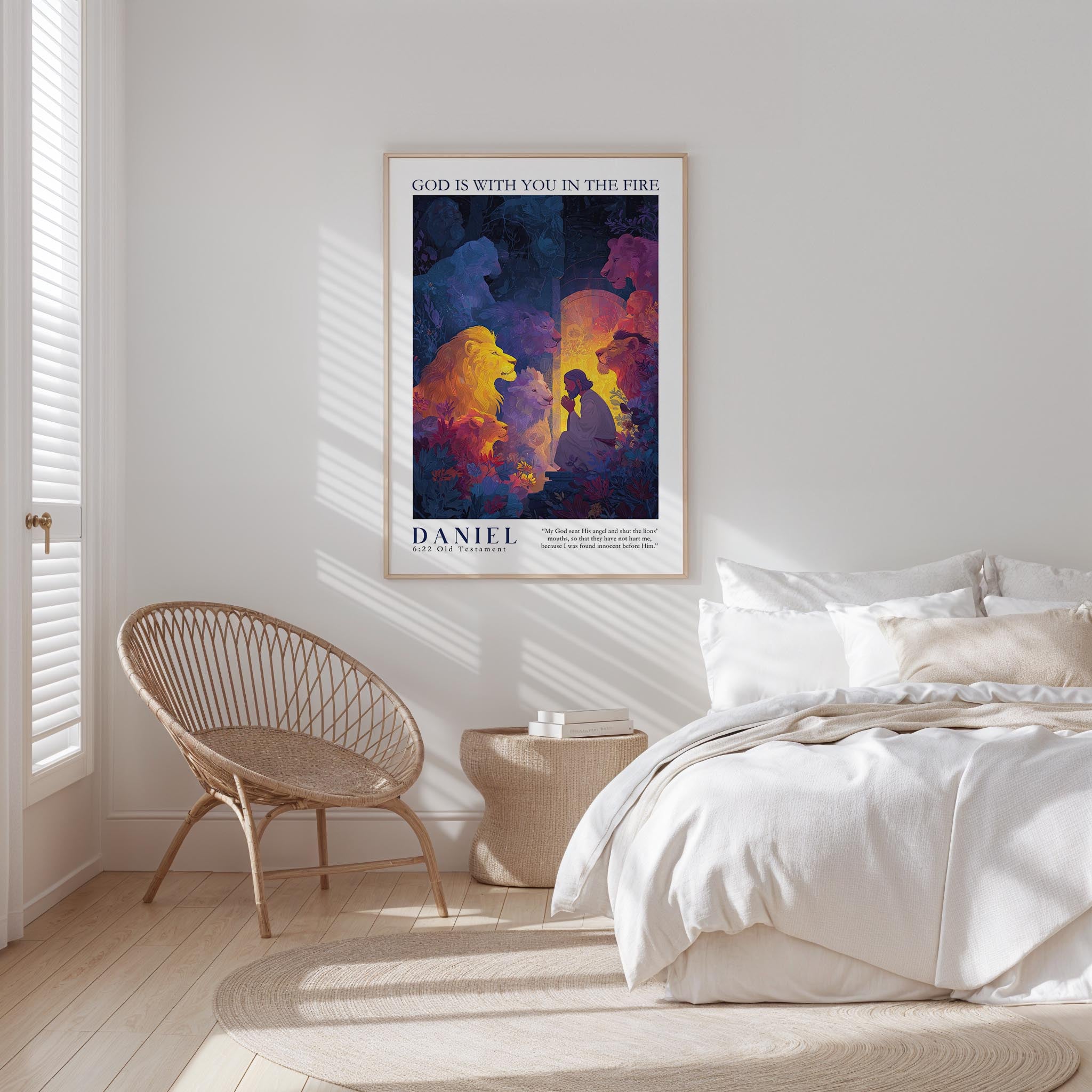 A bedroom with a bed, a woven chair, and a framed poster of a colorful illustration hanging on the wall.