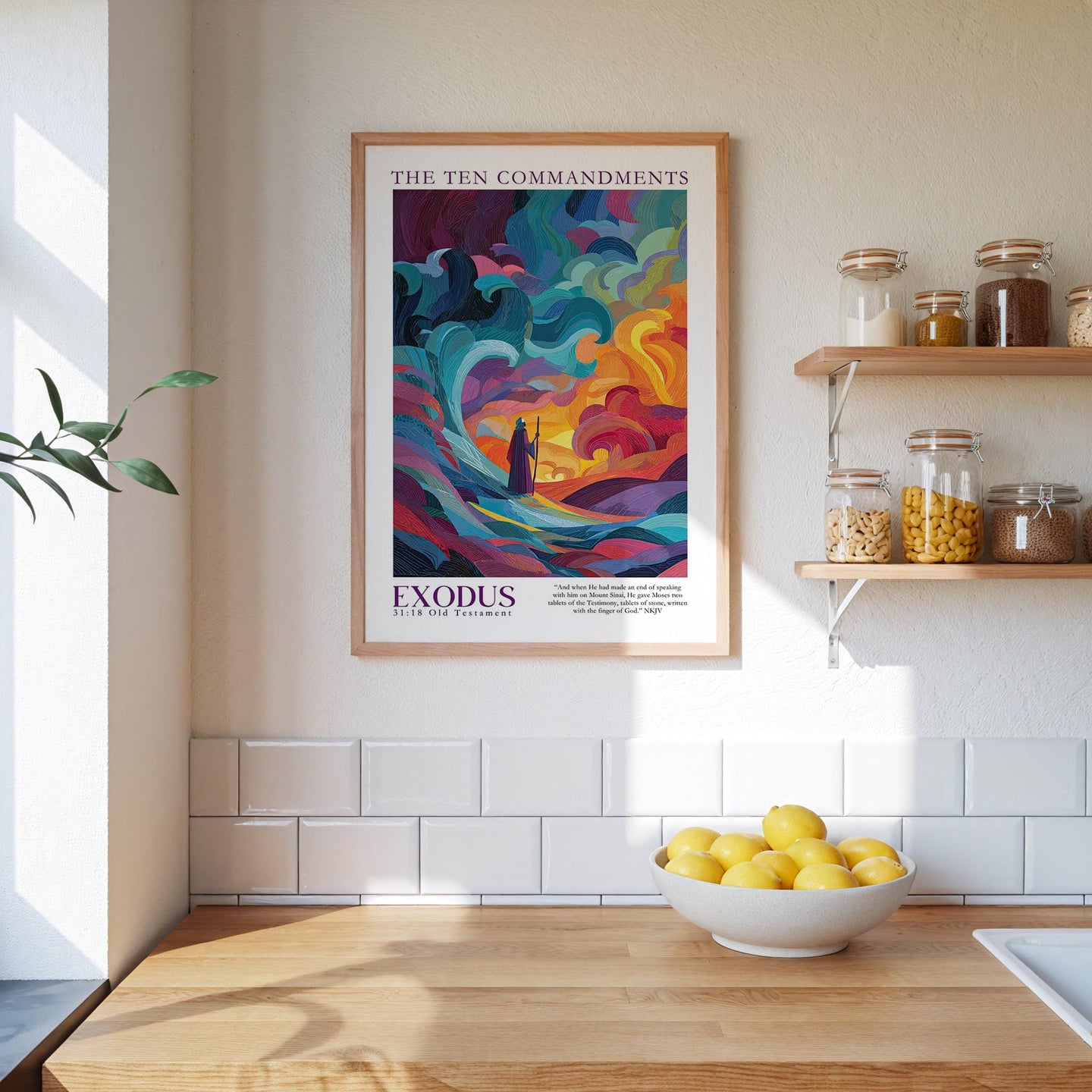 a kitchen scene with a framed poster of a colorful illustration hanging on the wall above a wooden countertop. On the countertop, there is a bowl of lemons and a plant. The wall also has a shelf with various jars and containers.