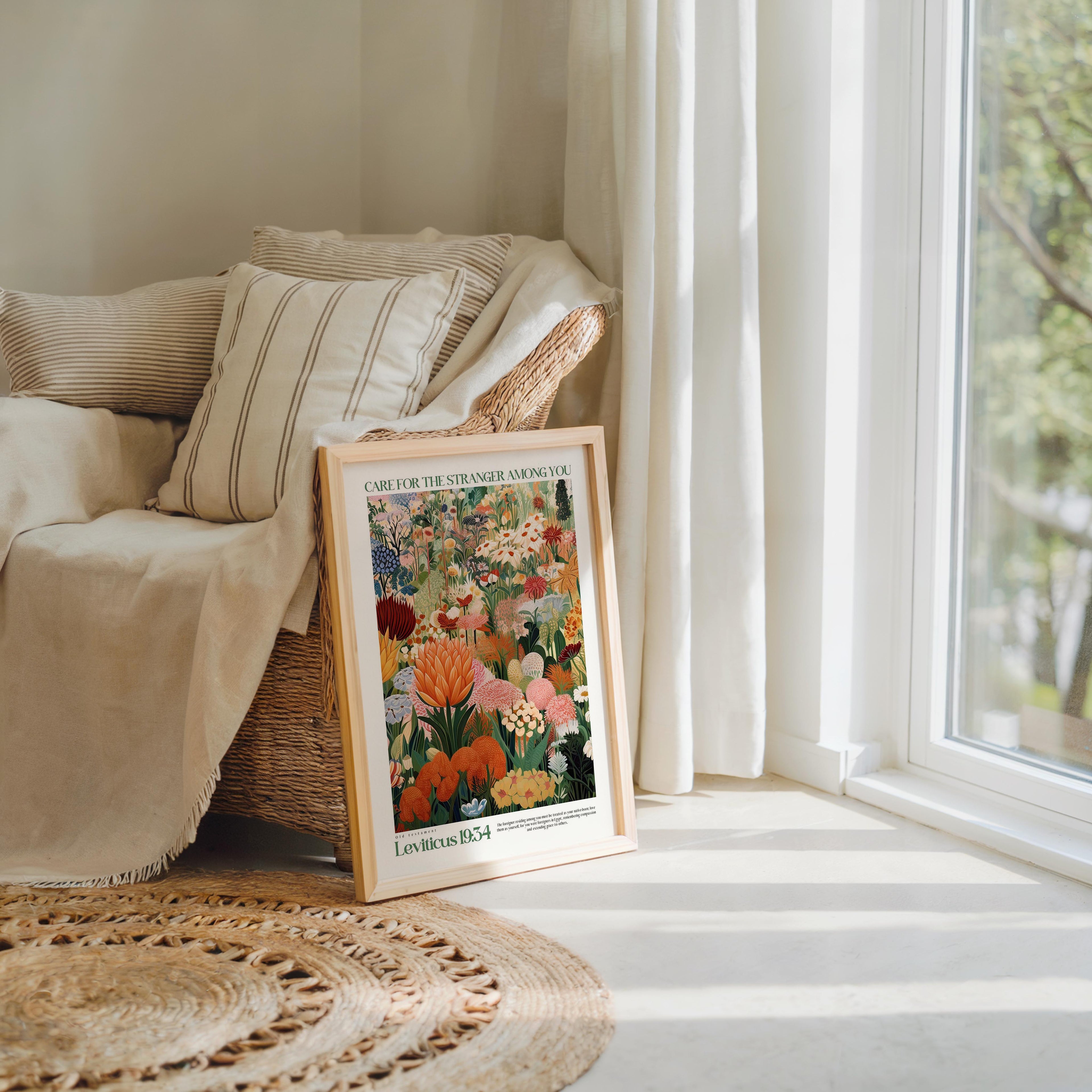 a framed print of a colorful floral arrangement, placed on a wooden floor next to a window with white curtains.