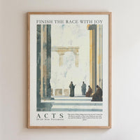 The image is a framed poster with a classical architectural scene, featuring a group of people in robes gathered around a set of columns. The poster has a religious theme and includes a quote from the Bible, specifically the Acts of the Church of England.