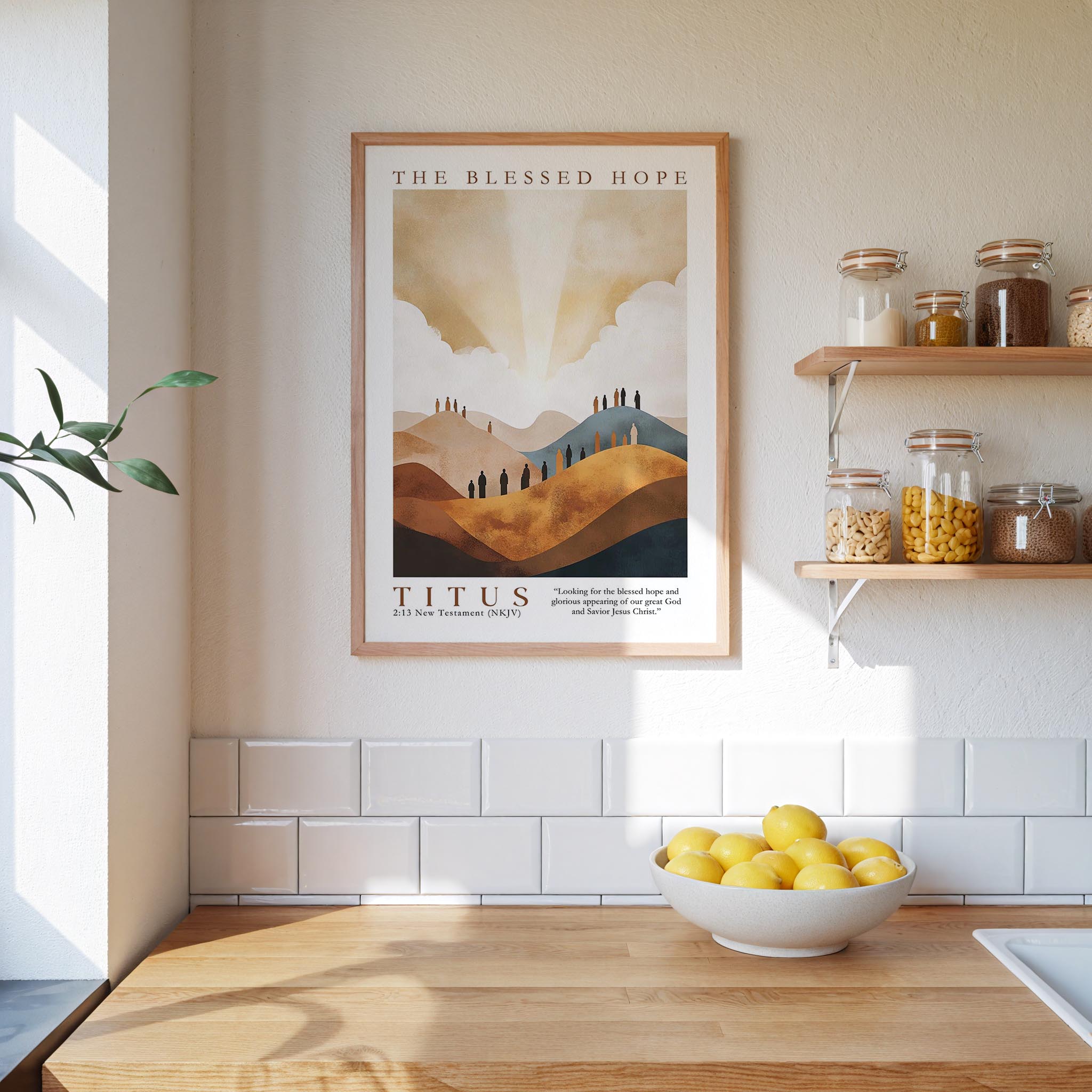 a kitchen counter with a bowl of lemons, a framed poster of a mountain landscape, and a shelf with jars and bottles.