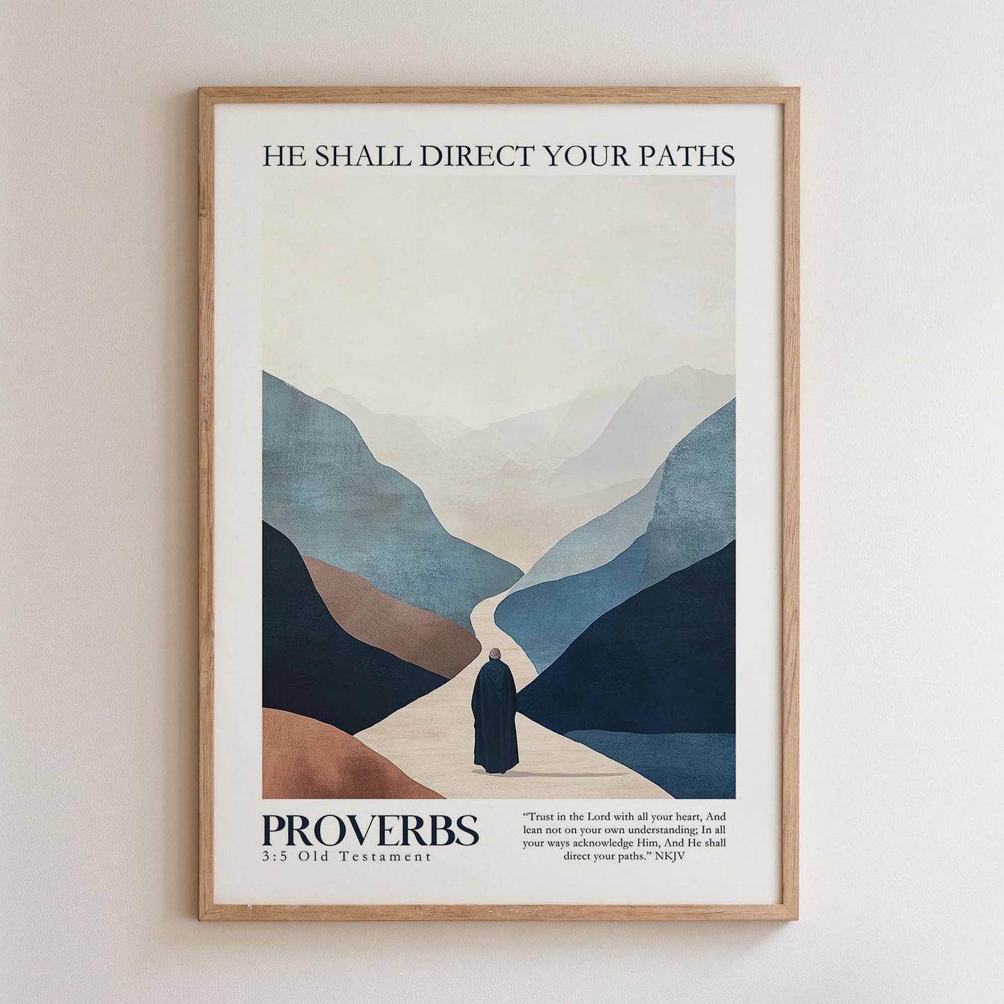 The image is a framed poster featuring a minimalist illustration of a person walking on a path through a mountainous landscape. The text on the poster reads "HE SHALL DIRECT YOUR PATHS" and "PROOBS 3/5 Old Testament" in a simple, clean font.